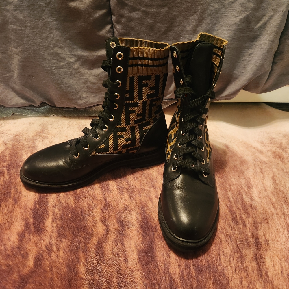 Fendi Black and Gold Lace-Up Boots